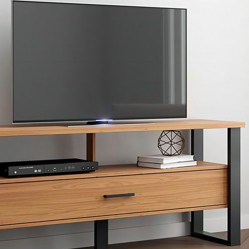 Rack TV Up To 55 cm, estilo industrial, 1 cajón, color F41 Beans, negro y crema