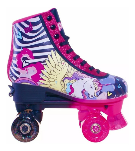 Imagen 2 de 7 de Patines Bota Simil Cuero Extensible Luces 4 Ruedas Unicornio