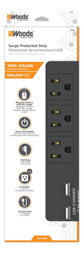 Woods 41323 - Cargador De Escritorio De 3 Tomas Con Usb De 2