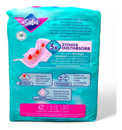 Toallas Femeninas Saba Invisible C/alas Flujo Abundante C/32