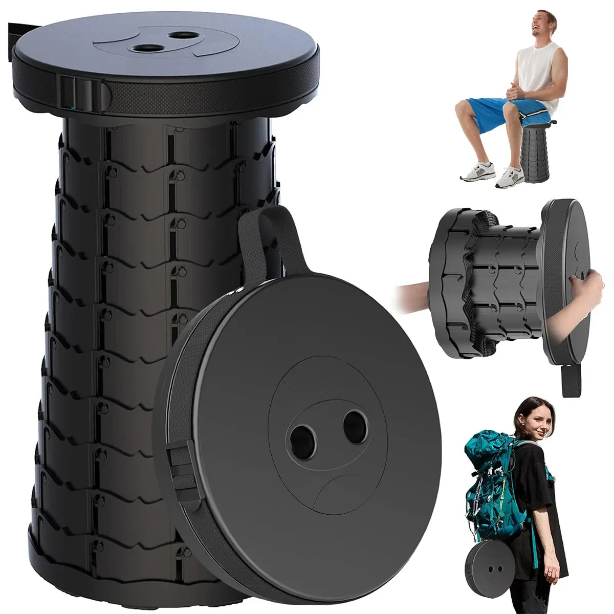 Banco Plegable Retráctil Telescópico Portátil Camping Taburete Circular Grande Plástico Porygon Antideslizante Con Correa Ajustable Soporta 180kg Taburete Ideal Para Fútbol, Picnic