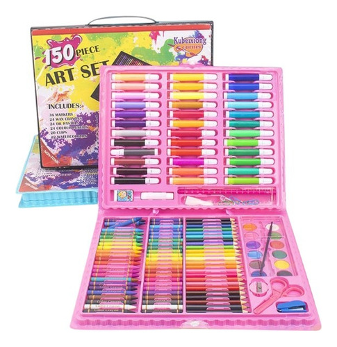 Set Arte Colores Crayones Plumones Acuarelas Estuche 150 Pzs Estuche-rosa