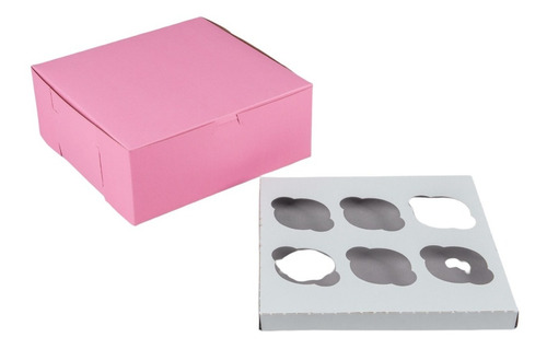 Caja De Carton Rosada Para 6 Cupcakes 25x25 Cm (12 Und)