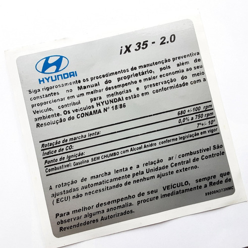 Etiqueta Adesivo Selo Dado Manutenção Motor Hyundai Ix3 2.0