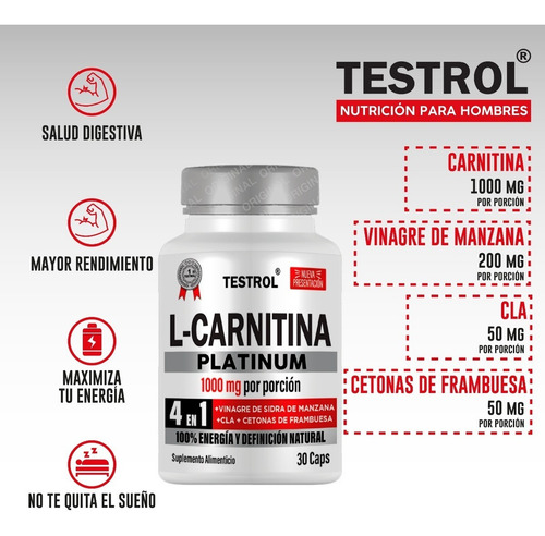 L-carnitina Platinum 1000mg | 4 En 1 | Testrol 30 Cap Sabor Sin sabor