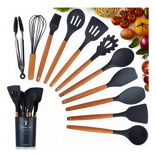 Set Utensilios De Cocina Punta Silicona Mango Madera Kit X12 Negro