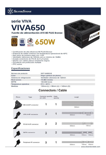 Imagen 9 de 10 de Fuente Silverstone Viva650 650w Certificada 80 Plus Bronze