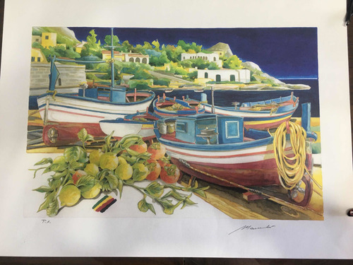 Pintura Litografía Barcos En Costa Salvador Manuli