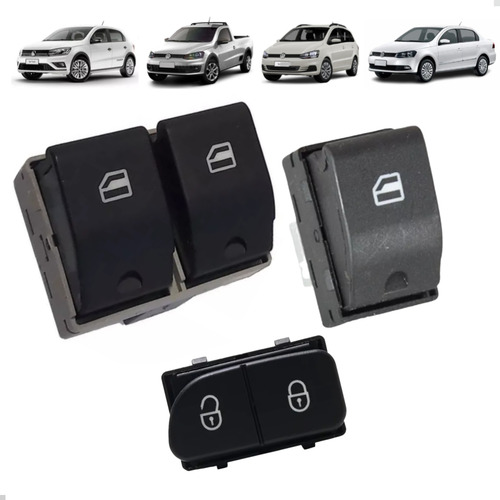 Kit Botão Vidro Elétrico Trava Gol Saveiro G4 G5 Base Preta