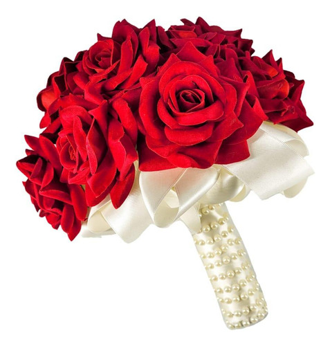 Buquê De Noiva Rosas Vermelhas Cetim Cor Creme Perolado