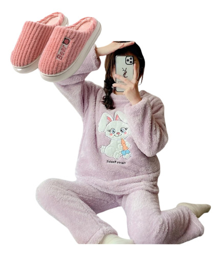 Cómoda Pijama Polar Con Pantuflas Para Mujer Invierno