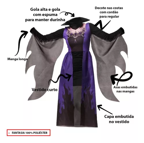 Fantasia Vampira Adulta de Halloween Com Gola e Capa