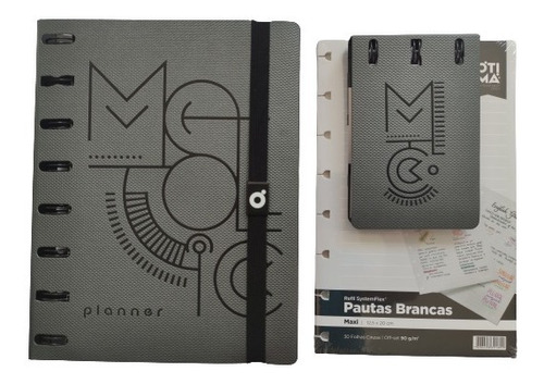 Planner Ótima Mettalic Cinza Maxi + Bloco Notas + 1 Refil