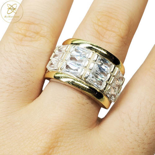 Imagen 4 de 9 de Anillo Plata Y Oro 4 Hileras Baguette Piedra Blanca