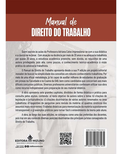 Manual De Direito Do Trabalho 9ª Edição (2025), De Calvo, Adriana., Vol. 1. Editorial Editora Mizuno, Capa Mole, Edição 9 Em Português, 2025