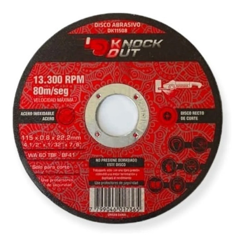 Disco De Corte 115mm P/acero Y Ac. Inoxid. Knock Out X50unis Color Rojo