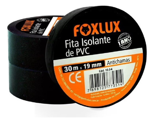 Fita Isolante Pvc Antichamas 30mx19mm C/ 10 Un. Preta Foxlux