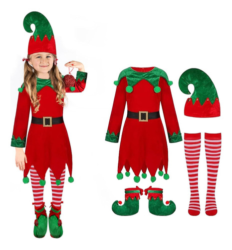 Disfraz De Elfo De Navidad Para Niña: Vestido De Terciopelo,