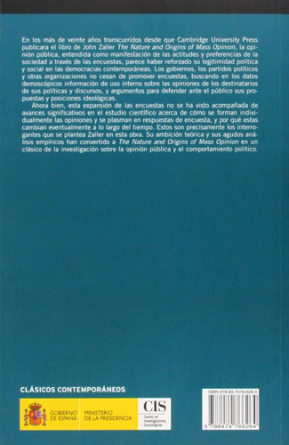 Naturaleza Y Los Orígenes De La Opinión Pública, De John R.zaller., Vol. 0. Editorial Centro De Investigaciones Sociologicas, Tapa Blanda En Español, 2015