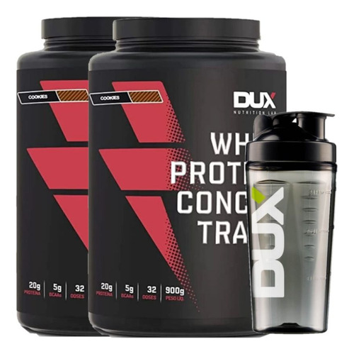 Combo 2x Whey Concentrado 900g Cookies + Coqueteleira - Dux Sabor Sem Sabor