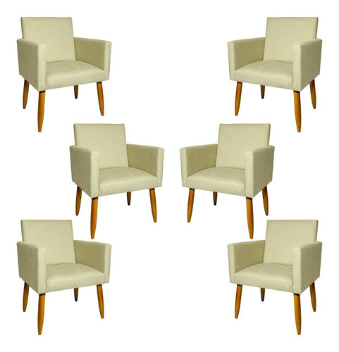Kit 6 Poltronas Decorativas Para Sala Cadeira Pé Castanho Cor Bege Desenho do tecido Suede