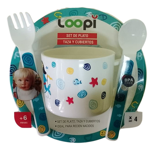Plato Estampado Infantil Set Con Cubiertos Y Taza 9175 Loopi Color Agua