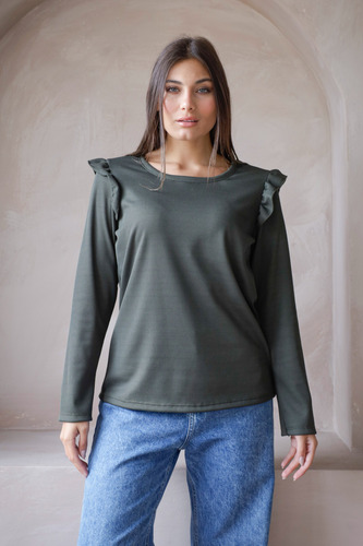 Remera Waffle Panal Frizado Manga Larga Volados Talle Grande