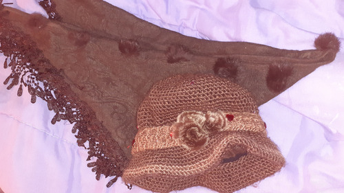 Sombrero Tejido Con Apliques + Chalina Para Combinar Chocolate M Lisa (Usado)