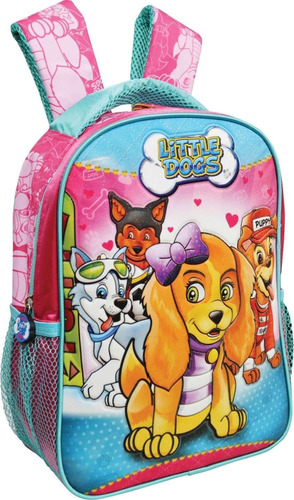 Mochila Escolar Little Dogs Rosa Média 2 Bolso Kit