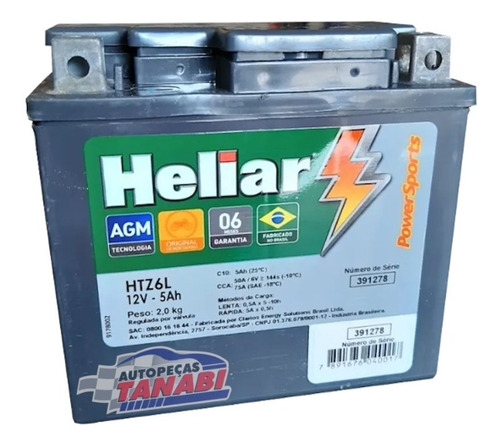 Bateria Moto Heliar Htz6 5ah Honda 125/150 Biz/fan/cg/bros