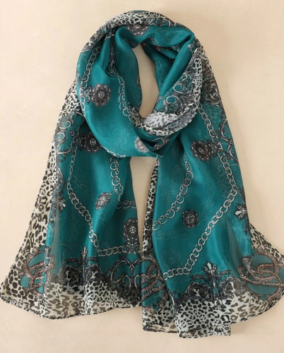 Pañoleta Mascada Pañuelo Turbante Pashmina Shifon Poliéster Verde Cadenas Estampado Unitalla