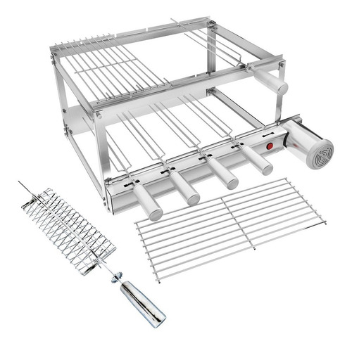 Gira Grill Churrasqueira Inox 5 Espetos + 3 Grelhas + Brinde