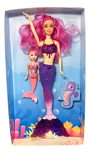 Muñeca Tiny Sirena Violeta Articulada Con Bebe Sirena 30cm