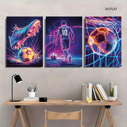 Póster De Fútbol De Neón De 3 Piezas Para Niños, Lienzo, Dec