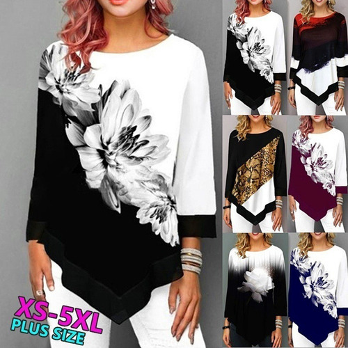 Blusa Estampada Floral De Mujer De Moda Talla Grande 3/4