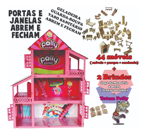 Casinha Boneca Polly +34 Mini Móveis +brinde  Madeira Mdf