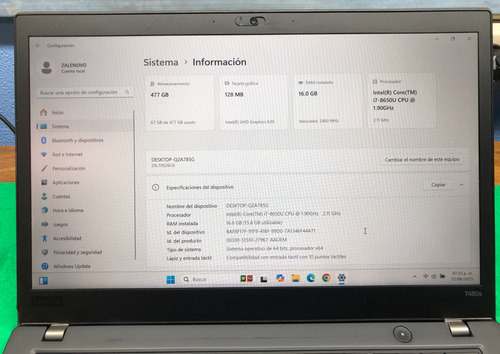 Laptop Lenovo T480s Touch Core I7 Ram 16gb Ssd 512gb Win 11 Negro (Usado)