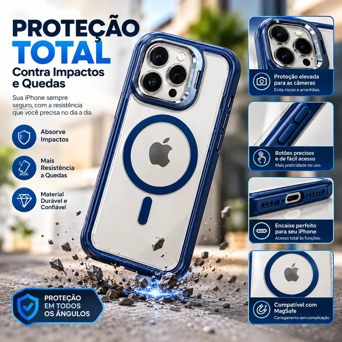 Capa Protetora Azul para iPhone 11 12 13 14 15 16 17 Pro Pro Max Silicone Anti Impacto Reforçada MagSafe Carregamento Magnético Case Capinha Celular Proteção Contra Quedas