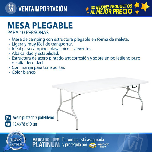 Imagen 2 de 5 de Mesa Plegable 240 Cm Reforzada Pvc Valija Camping Exterior