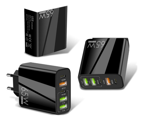 Carregador Turbo 2 entrada Tipo-c3 3 entrada Usb 65w Cor Preto Branco