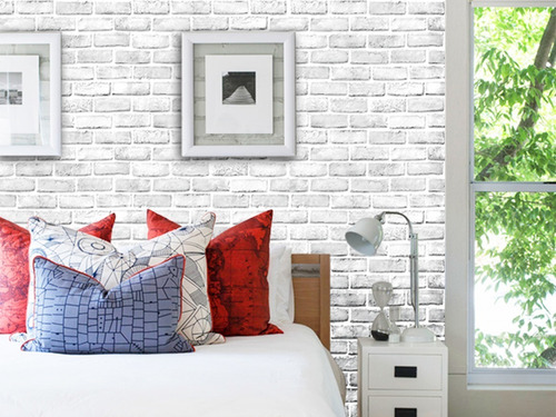 Imagen 5 de 7 de Papel Tapiz Ladrillos Blanco Adhesivo 45cm X 10 Mt 3d Mayore