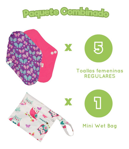 Pq 5 Toallas Fem Regulares Ecológicas 24x18 + Wet Bag Regalo