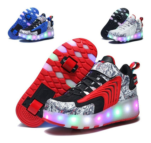 Zapatillas Led De Malla Tejida Para Niños Blancocon Ruedas