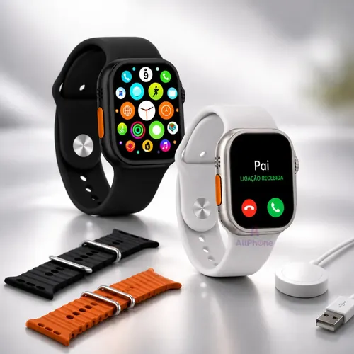 Relógio Smartwatch Ultra 49mm 3 Pulseiras Masculino Preto Prata Branco Notificações Redes Sociais 2026 Allphone