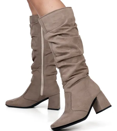 Bota Feminina Lumiss Cano Longo Enrugada Slouchy Salto Bloco