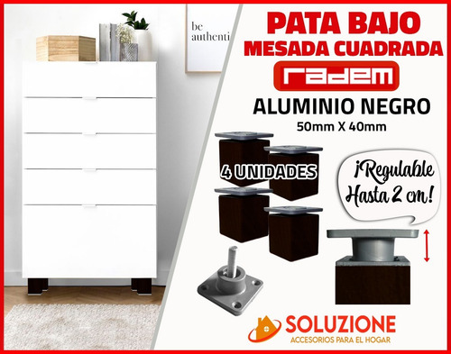 Imagen 2 de 10 de Pata Aluminio Cuadrada Negras Regulable 50mm X 4 Unidades