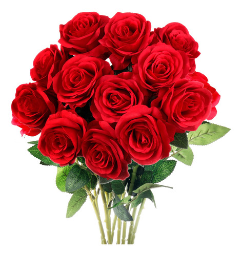 Mocoosy 12 Rosas Rojas Artificiales De Seda, Rosas Falsas Co