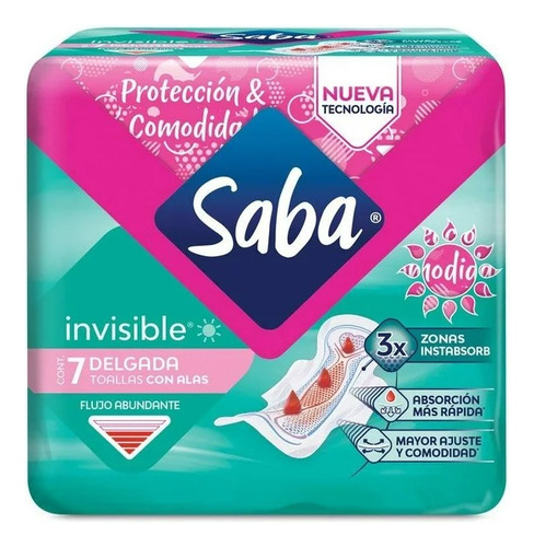 2 Pza Toallas Femeninas Saba Invisible Delgada Con Alas Fluj