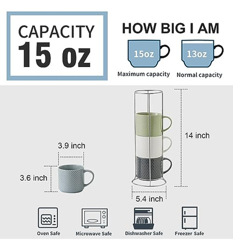 Tazas De Café Apilables Con Soporte, Juego De 4 Tazas De Cer