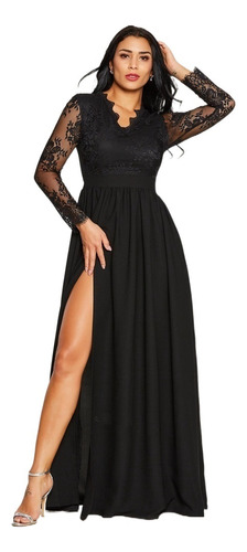 Vestido Dama Negro De Noche Sexy Con Mangas De Encaje